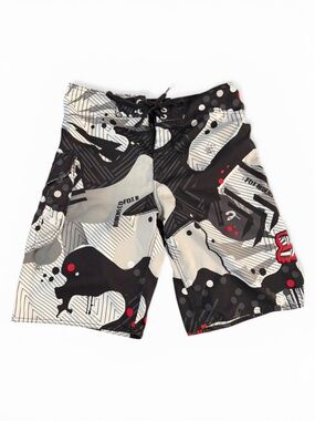 Fox Black, Gray & Cream Camo Kids Swim Shorts with Red Accents